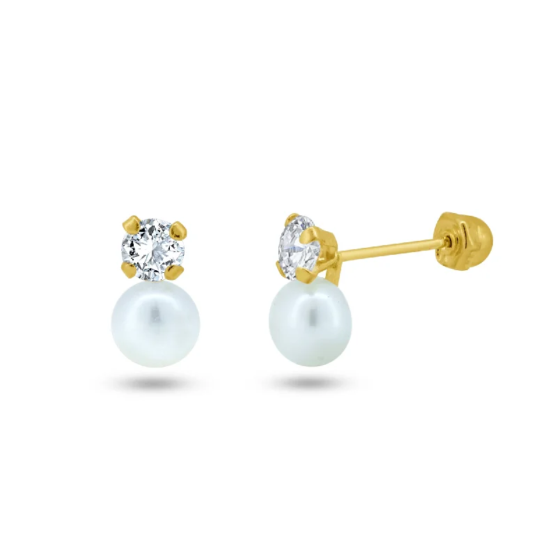 14E00267. - 14 Karat Yellow Gold CZ with Pearl Screw Back Stud Earrings