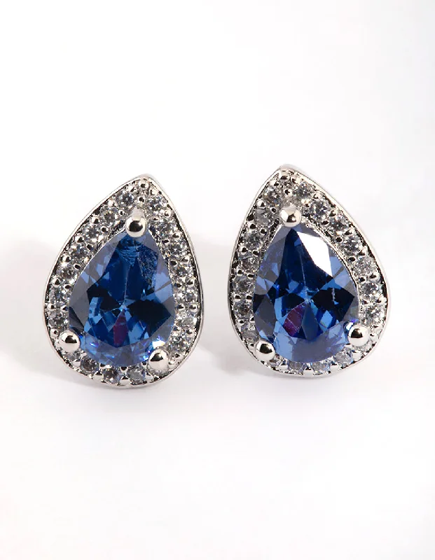 Blue Cubic Zirconia Pear Halo Stud Earrings