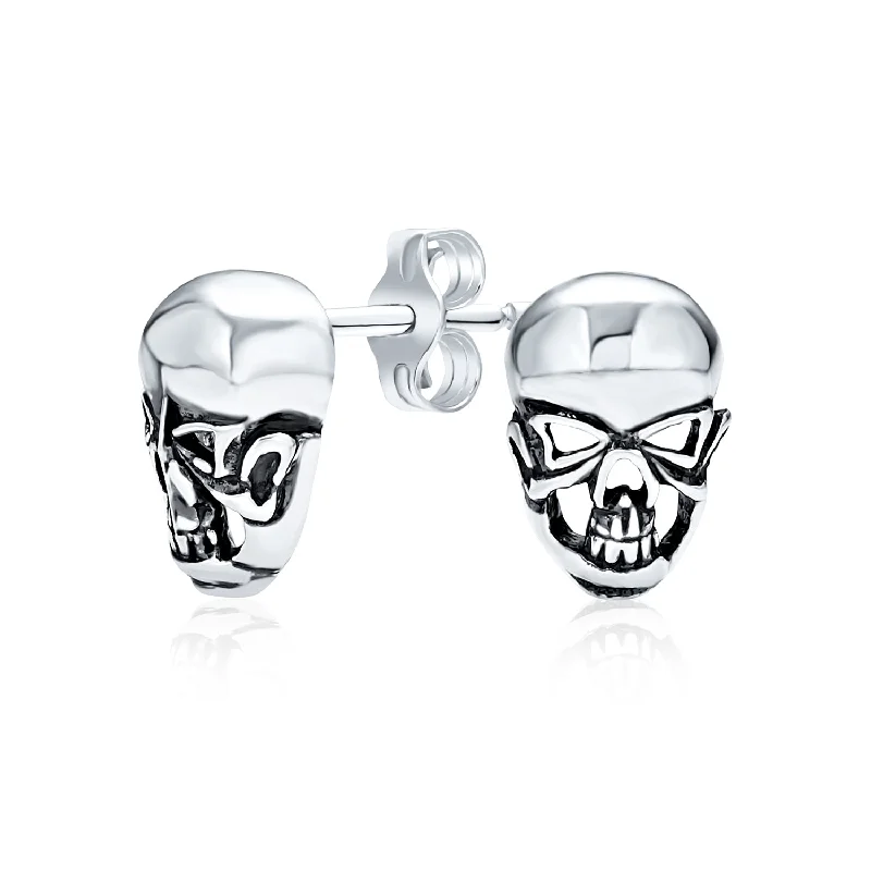 Caribbean Pirate Skull Stud Earrings for Men, Bikers, Punk Rockers, Sterling Silver