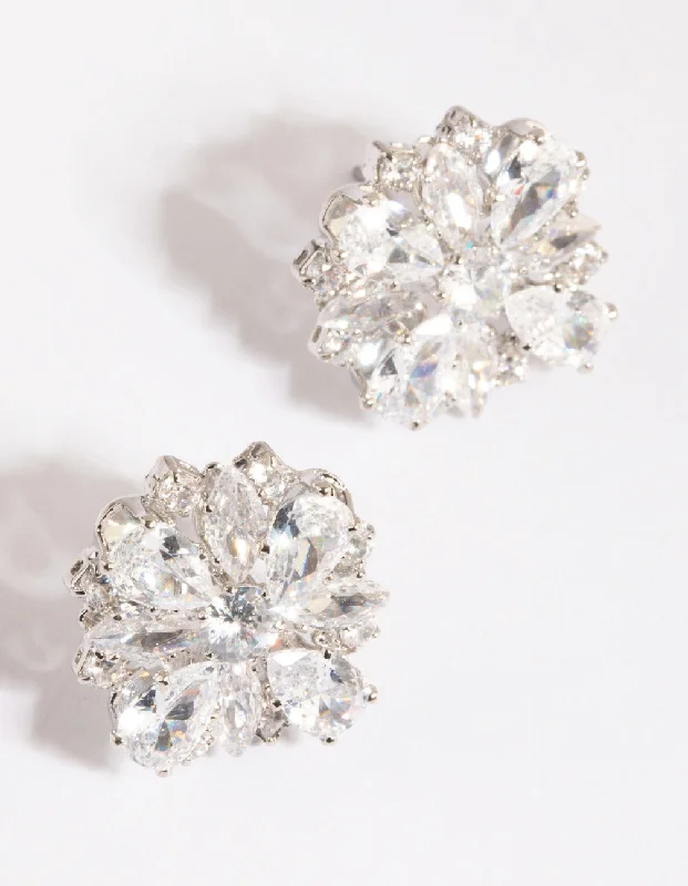 Rhodium Cubic Zirconia Flower Stud Earrings