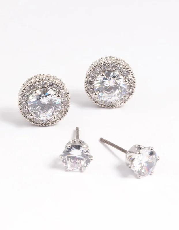 Rhodium Diamond Simulant Stud Earring Set