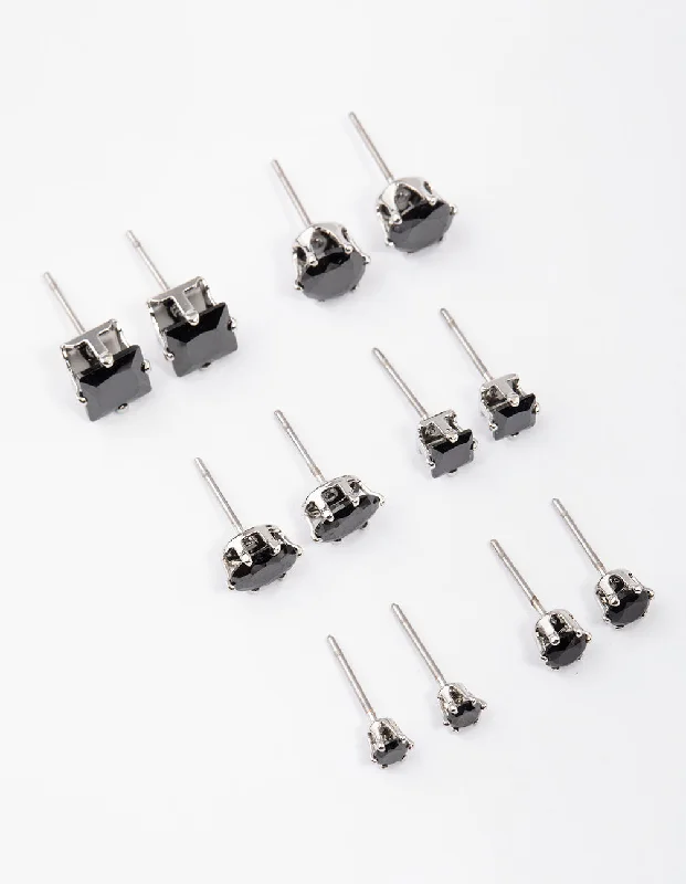 Rhodium Black Multi Stud Earrings Set 6-Pack