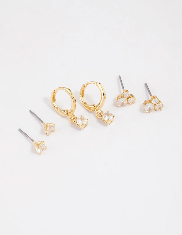 Gold Plated Cubic Zirconia Trio Stud Earrings 6-Pack