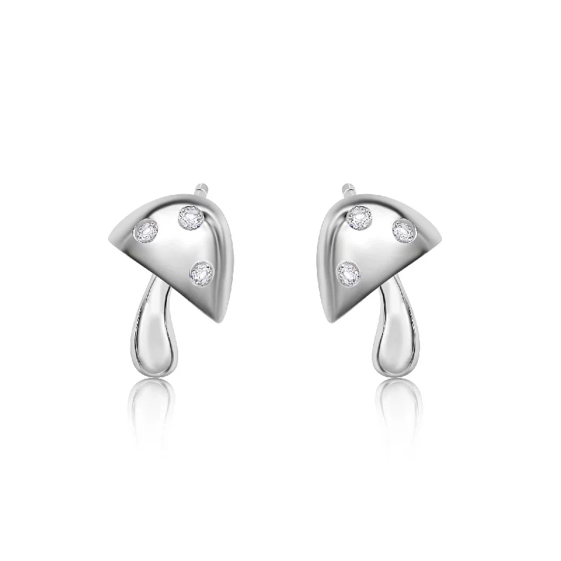 Rhodium Plated 925 Sterling Silver Mushroom Clear CZ Stud Earrings - BGE00749