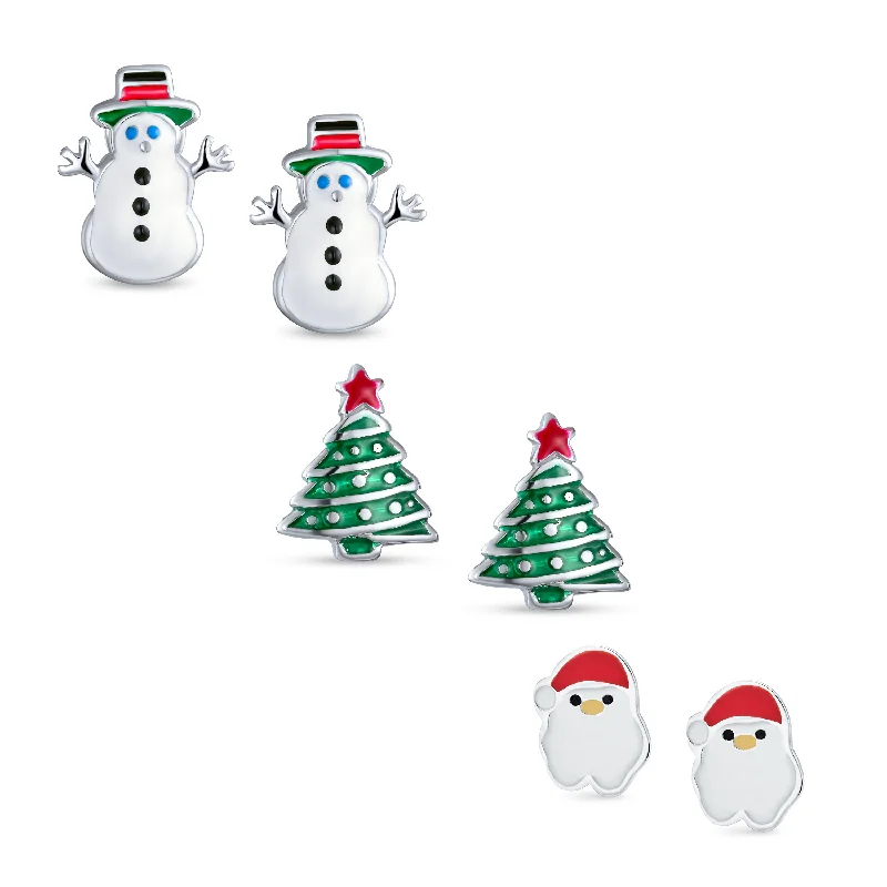 Small Holiday Winter Colors Enamel Santa Claus Christmas Tree Stud Earrings Set