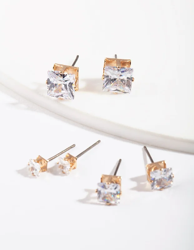 Gold Square Cut Diamante Stud Pack