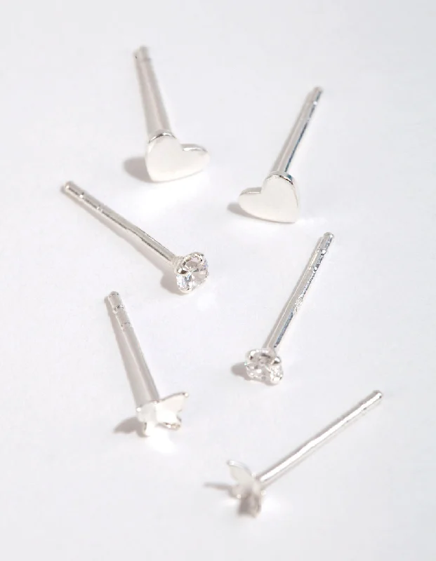 Sterling Silver Heart & Butterfly Stud Earring Pack