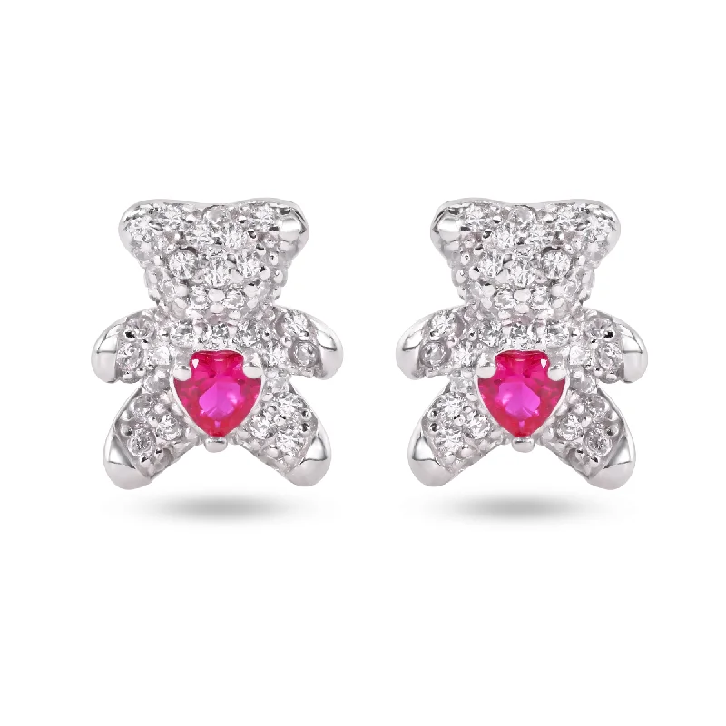 Sterling Silver Rhodium Plated Bear Heart Clear and Red CZ Stud Earrings - STE01377