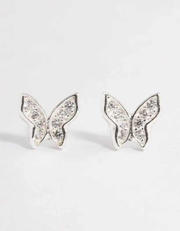 Sterling Silver Cubic Zirconia Pave Butterfly Stud Earrings