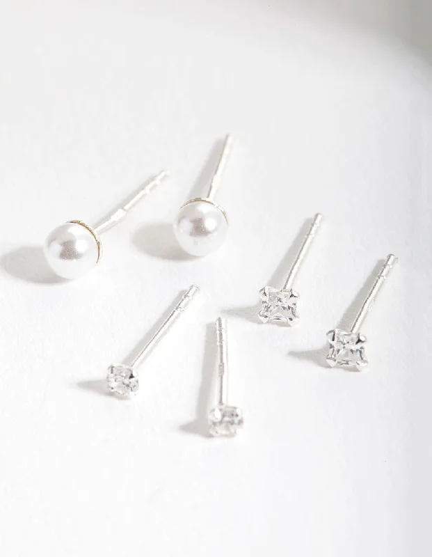 Sterling Silver Cubic Zirconia Pearl Stud Earring Pack