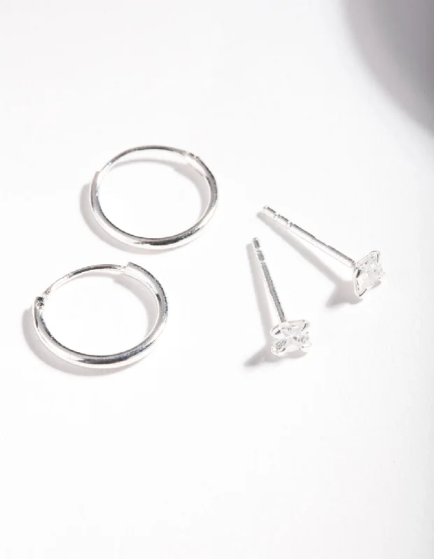 Sterling Silver Cubic Zirconia Princess Stud Hoop Earring Pack