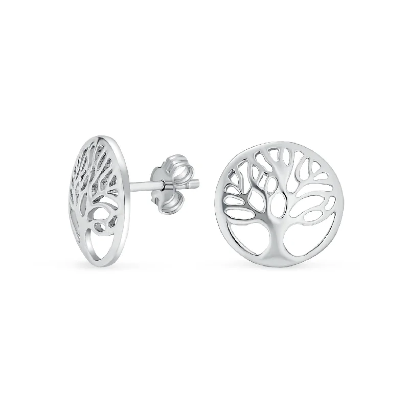 Tiny Round Family Tree of Life Stud Earrings in Rose Gold Sterling Silver