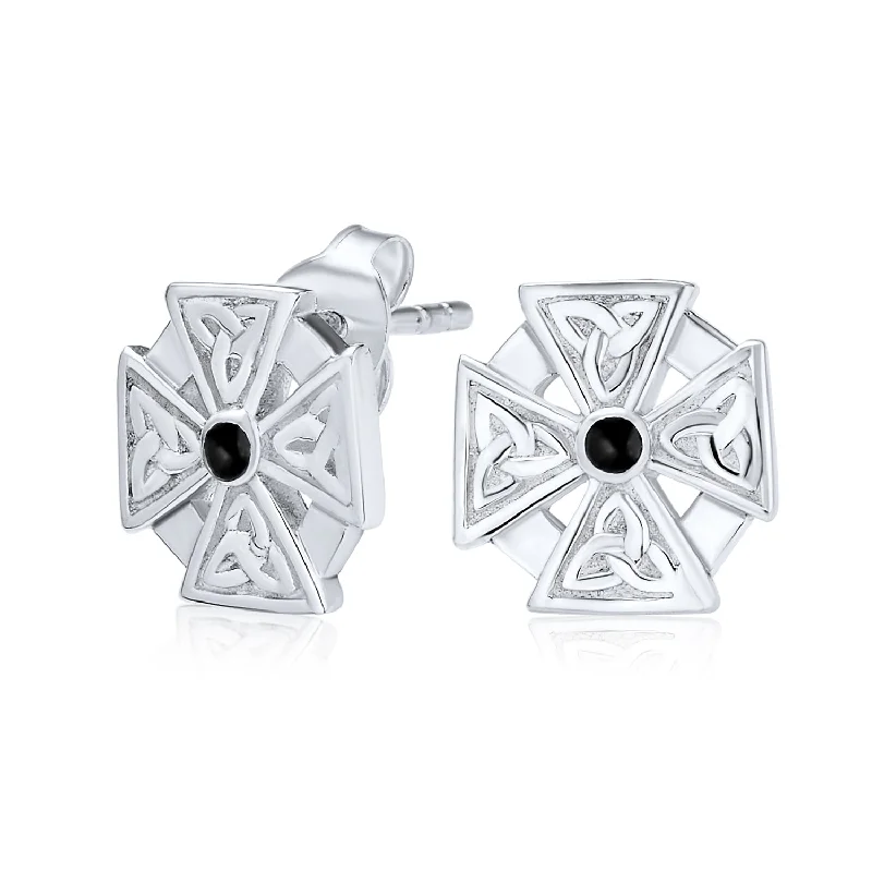 Unisex Black Stone Masonic Knight Templar Cross Stud Earrings in Sterling Silver