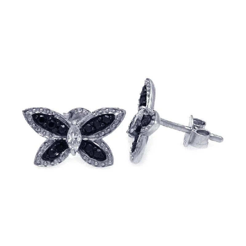 Silver 925 Black and Silver Rhodium Plated Black Butterfly CZ Stud Earrings - STE00697