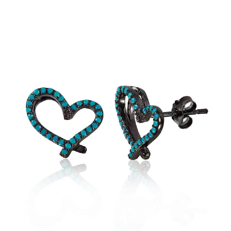 Silver 925 Black Rhodium Plated Open Heart Stud Earrings With Synthetic Turquoise Stone - STE01051