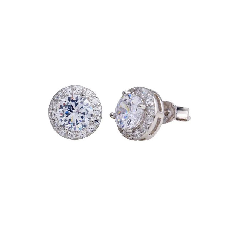 Rhodium Plated 925 Sterling Silver CZ Stud Halo Earrings - STE01183