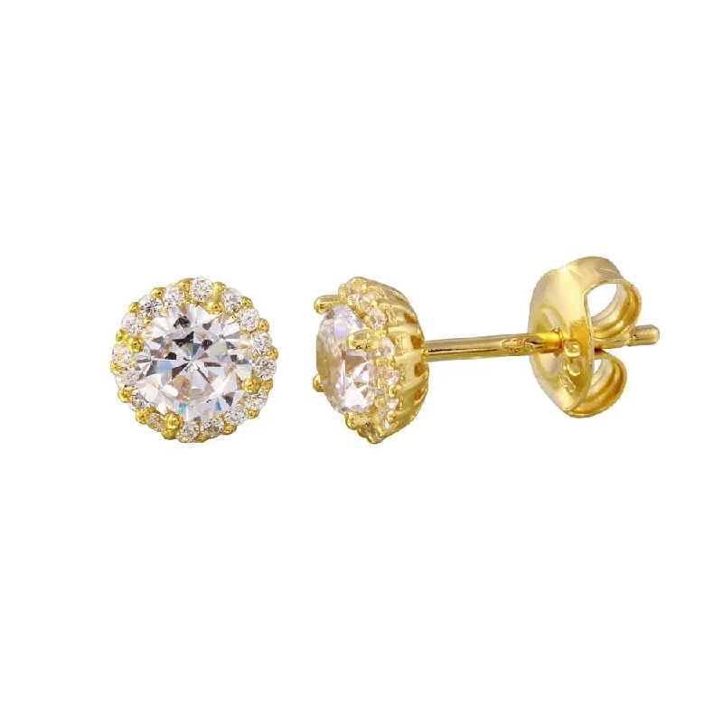 Gold Plated 925 Sterling Silver CZ Halo Stud Earrings - GME00011GP