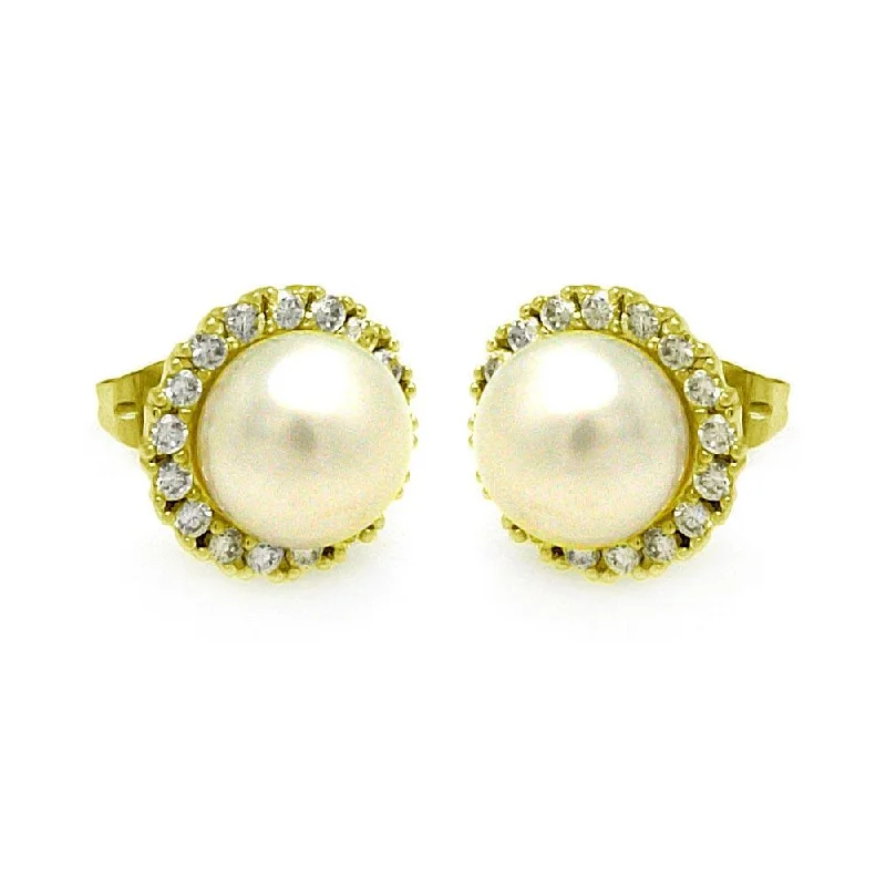 Gold Plated 925 Sterling Silver Round CZ Center Fresh Water Pearl Stud Earrings - BGE00253GP