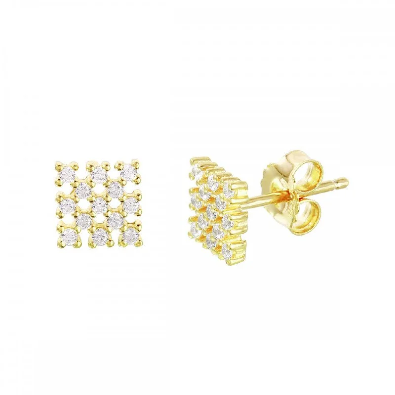 Silver 925 Gold Plated Small Square Checkered CZ Stud Earrings - ACE00078GP