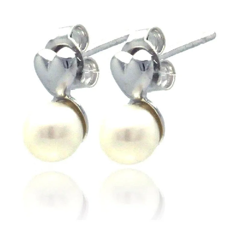 Silver 925 Heart Rhodium Plated Synthetic Pearl Stud Earrings - STE00755