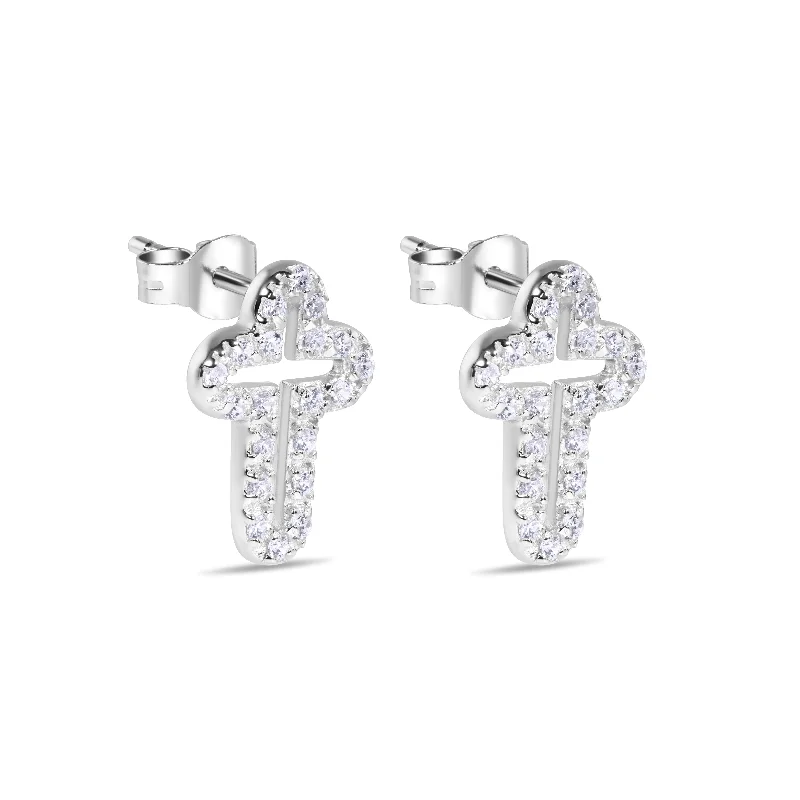 Final Price-Silver 925 Rhodium Open Cross Plated Clear CZ Stud Earrings - STEM023