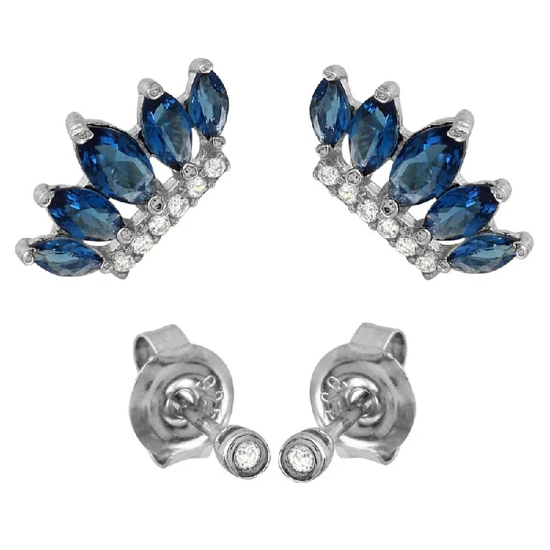 Rhodium Plated 925 Sterling Silver 2 CZ Studs and 2 Blue Crown Earrings - GME00085RH