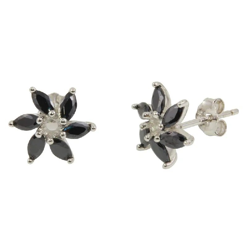 Rhodium Plated 925 Sterling Silver Black 6 Petal Flower Stud Earrings - STE01091