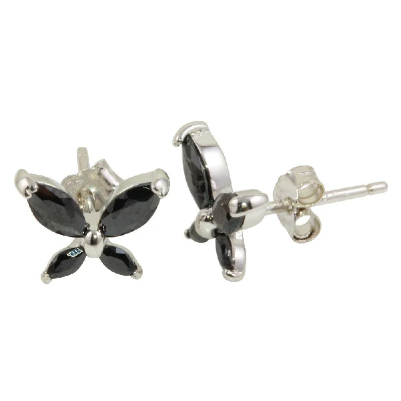 Rhodium Plated 925 Sterling Silver Black Butterfly Stud Earrings - STE01095