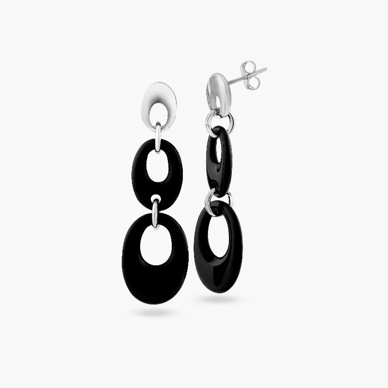 Clearance-Silver 925 Rhodium Plated Black Open Oval Onyx Stud Dangling Earrings - BGE00113