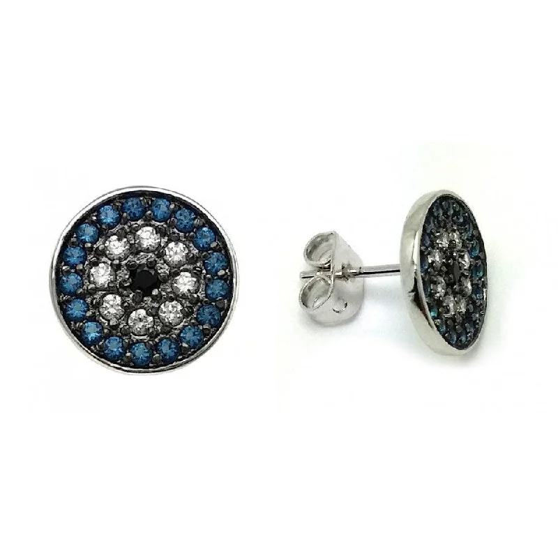 Silver 925 Rhodium Plated Blue and Black and Clear CZ Inlay Stud Earrings - BGE00405