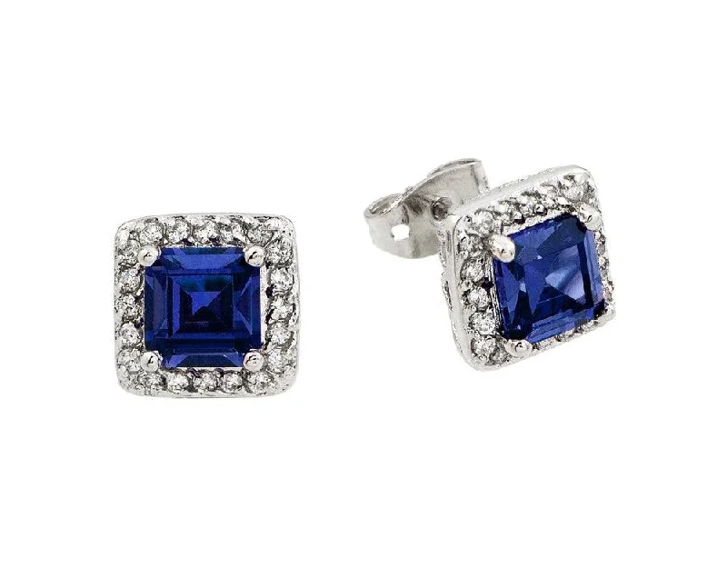 Silver 925 Rhodium Plated Blue Square CZ Stud Earrings - BGE00359B