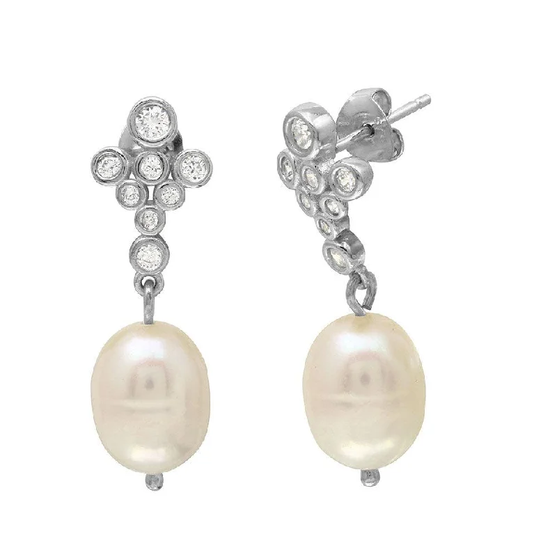 Rhodium Plated 925 Sterling Silver Bubble Stud Earrings with Dangling Fresh Water Pearls - BGE00512