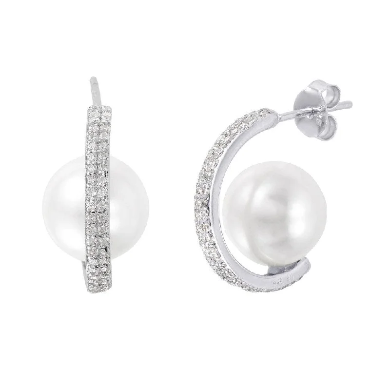 Silver 925 Rhodium Plated C-Curved Pearl CZ Stud Earrings - STE01005