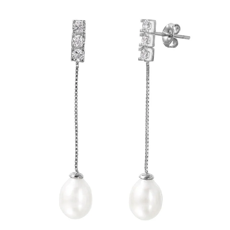 Silver 925 Rhodium Plated Chain Pearl CZ Dangling Stud Earrings - STE01004