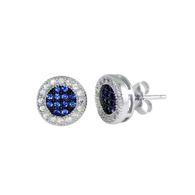 Rhodium Plated 925 Sterling Silver Clear and Blue CZ Halo Stud Earrings - BGE00631BLU