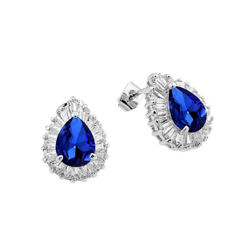 Silver 925 Rhodium Plated Clear and Blue Teardrop Baguette CZ Stud Earrings - BGE00337