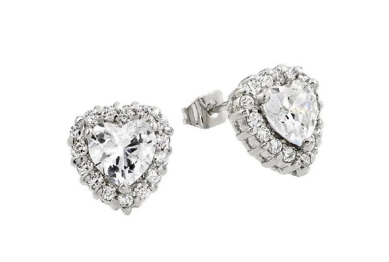 Silver 925 Rhodium Plated Clear Heart CZ Stud Earrings - BGE00367C