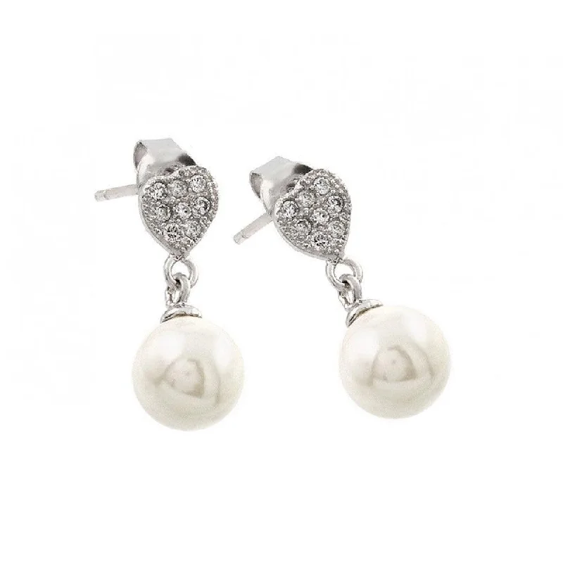 Silver 925 Rhodium Plated Clear Heart CZ Synthetic Pearl Dangling Stud Earrings - STE00903