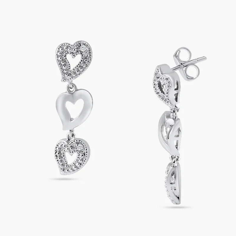 Silver 925 Rhodium Plated Clear Multiple Open Heart CZ Stud Dangling Earrings - BGE00025