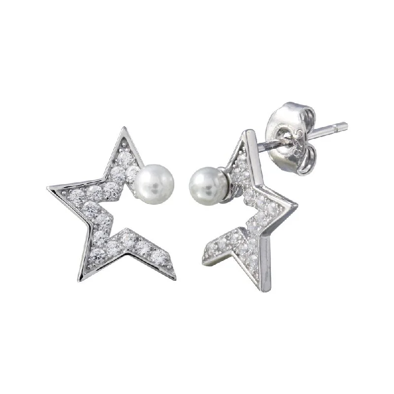 Rhodium Plated 925 Sterling Silver CZ Half Star Pearl Stud Earrings - STE01200