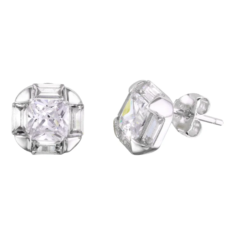 Rhodium Plated 925 Sterling Silver CZ Stud Earrings - BGE00567