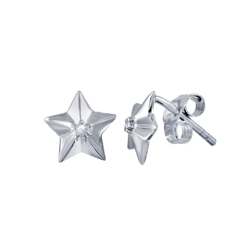 Rhodium Plated 925 Sterling Silver Diamond Star Stud Earrings - STE00995DIA