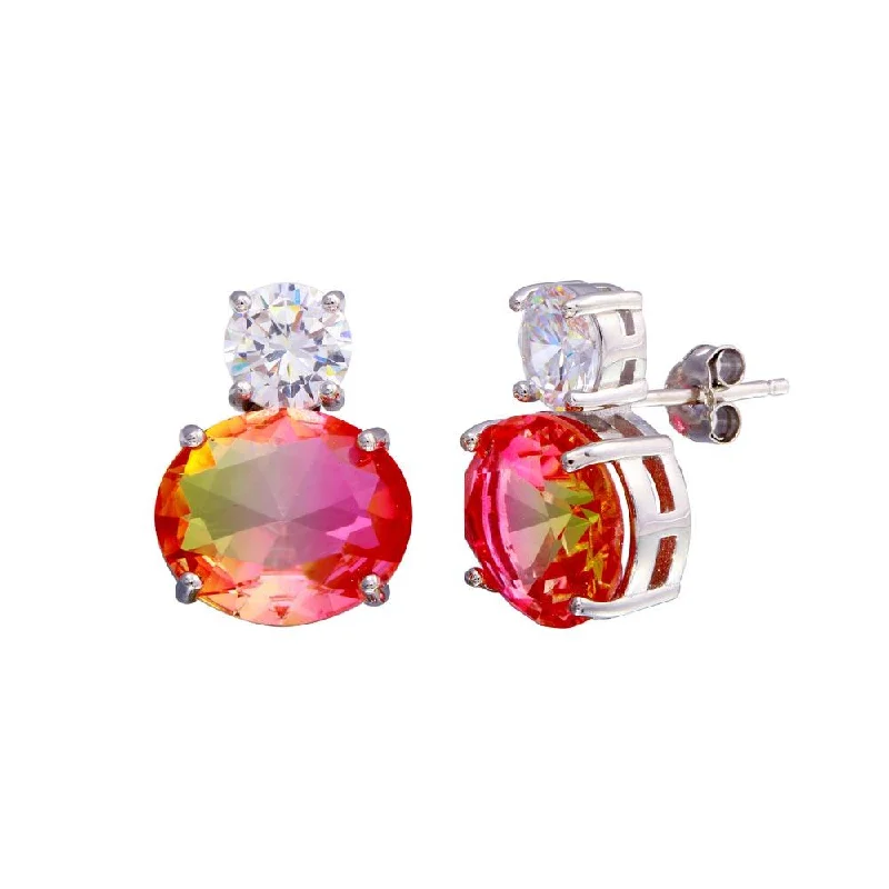 Rhodium Plated 925 Sterling Silver Drop Clear and Peach CZ  Stud Earrings - STE01205