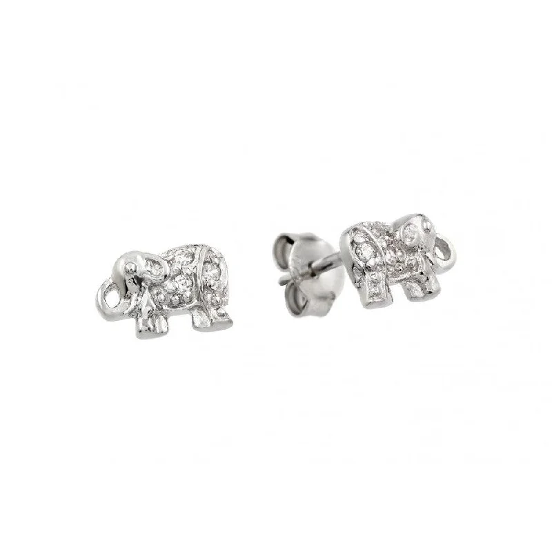 Silver 925 Rhodium Plated Elephant Clear CZ Stud Earrings - STE00906