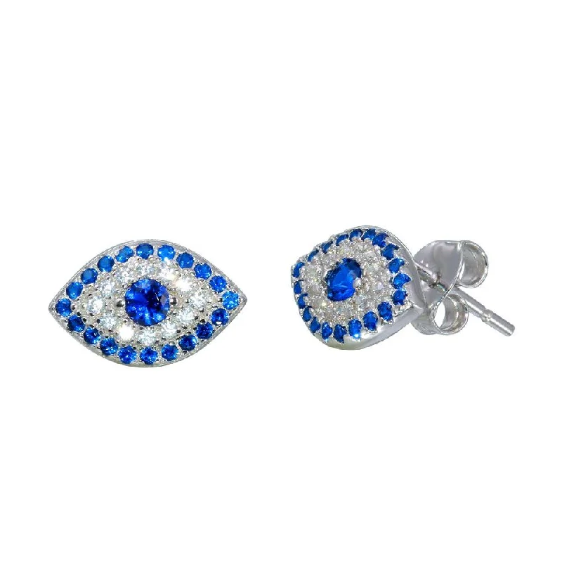 Rhodium Plated 925 Sterling Silver Evil Eye Stud Earrings with CZ - BGE00566