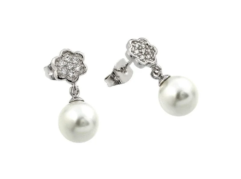 Silver 925 Rhodium Plated Flower CZ Inlay Dangling Pearl Stud Earrings - BGE00357