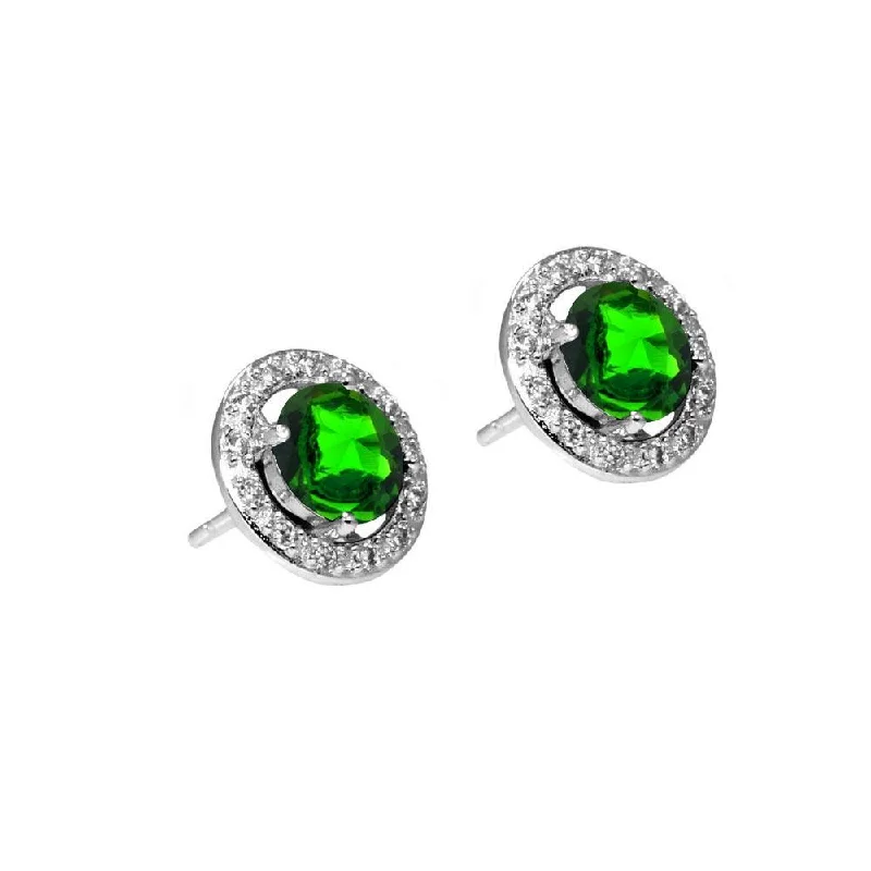 Silver 925 Rhodium Plated Green and Clear Round Pave CZ Stud Earrings - BGE00334