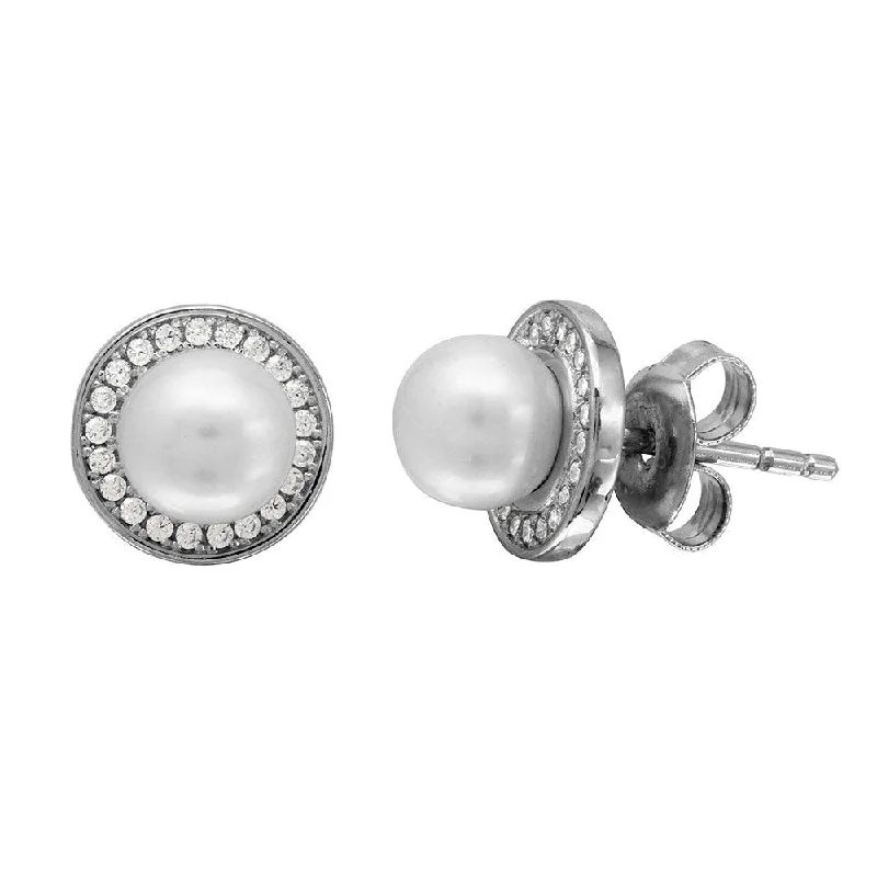 Rhodium Plated 925 Sterling Silver Halo CZ Stud Earrings with Fresh Water Center Pearl - GME00101