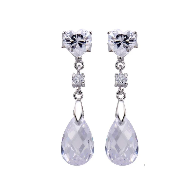 Silver 925 Rhodium Plated Heart and Teardrop CZ Dangling Stud Earrings - STE00442