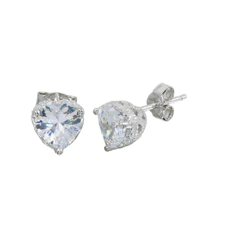 Rhodium Plated 925 Sterling Silver Heart CZ Stud Earrings - STE00577